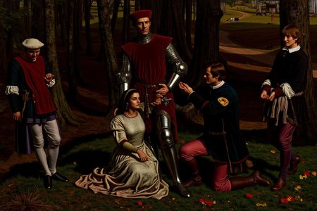 williamhhunt1 painting. 
A medieval scene set in a dense forest with tall trees and a winding dirt path. Three men and a woman, dressed in medieval attire, are performing a wedding ritual. In the center, a knight in a deep red tunic and matching cap stands with a stern expression. A woman and a man kneel beside him. <lora:williamhhunt1_cap_d6a3e9:1.0><lora:838059561249195267:0>