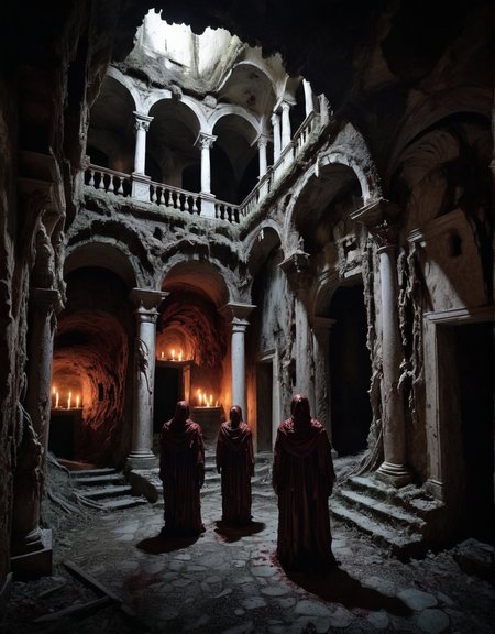 Crumbling ancient villa in rural Italy, beneath lies a cursed catacomb, candlelight, group of friends descending into the labyrinth, hyperrealistic, twisting shadows, grotesque moving corpses, blood oozing walls, unseen whispers, high detail, dark and ominous atmosphere, surreal elements, high contrast