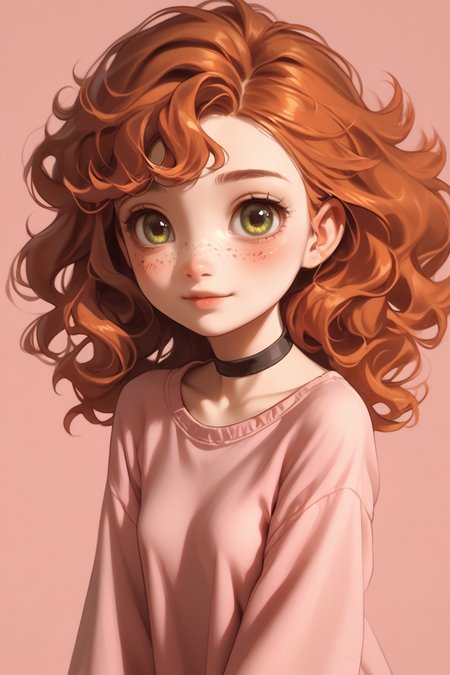 score_9,score_8_up,score_7_up,
<lora:porochaStyle:1> porochastyle,
1girl, pretty, cute, short orange hair, wavy hair, bangs, green eyes, freckles, small breasts, pink shirt, black choker,
