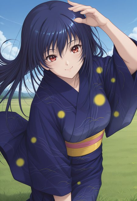 kuon_mayou, red eyes, blue hair, long hair, japanese clothes, kimono, navy blue yukata, obi, sash, <lora:kuon_mayou_illustrious_ver2:0.8> 
smile, cowboy shot,, 1girl, solo, blue sky, (grasslands:1.2), looking at viewer,, masterpiece, best quality, sensitive,, (dynamic pose:1.4), (upside-down:-1),