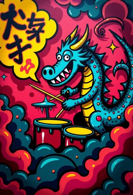 <lora:Graffiti_Characters2_FLUX-000011 (1):0.9>
This is a vibrant, stylized digital drawing set against a dramatic, abstract background, of a  a dragon playing the drums
