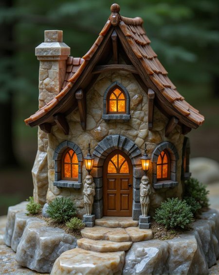 <lora:ck-polygon-gems-0019.safetensors:1> a crafted gemstone model in the style of cklg featuring a
In the heart of a forgotten corner, a diminutive abode stands as a testament to ancient craftsmanship. The cobblestone path, meticulously laid with light beige and rustic brown stones, meanders gracefully towards the fairy house, its surface polished by the gentle tread of countless unseen feet. The house itself, a marvel of intricate design, is crafted from materials that carry the patina of time. Arched windows, framed in delicate wood, shimmer with the soft light of ethereal lanterns, their panes reflecting the warm golds and glowing fiery reds of a bygone era.
The gabled roof, clad in aged tiles, rises to a peak adorned with ornate finials. Side lighting casts an ethereal glow, accentuating the contours and textures of the timber beams and stone masonry. Each fold and crease in the fabric draperies, each muscle and sinew in the finely carved statues that flank the entrance, are rendered with extraordinary detail, as if frozen in a moment of timeless enchantment.
The scene is imbued with a mystical and regal atmosphere, the rich, earthy color palette softened to evoke an ancient quality. The interplay of light and shadow creates a chiaroscuro effect, adding depth and drama. Fabric and anatomy, whether in the draperies or the stone carvings, are portrayed with lifelike precision, showcasing the balance between realism and fantasy. This miniature haven, with its whimsical charm, stands as a symbol of a mythical, otherworldly elegance, inviting the viewer to step into a realm where the ordinary transcends into the extraordinary.