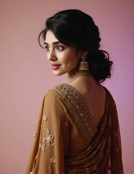 from behind,looking back photo of kr1t1 sh3tty woman, hyper realistic photo that is safe for work, shy smile, studio quality image with natural colors, well dressed wearing intricate turtleneck Brown Bomkai Saree (Odisha traditional saree), hair styled as  90s blowout,muted pastel shaded multicolored background that contrasts with the person, cinematic lighting,âââââ  <lora:kr1t1_sh3tty_Kriti_Shetty_Flux_Kohya_V1:1>âââ