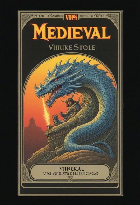 (vhs-box:1.2), vintageillustration, Wave Art Style,
vhs casette,
close-up shot, grin, looking at viewer,
fantasy, epic, brute, gladiator,
dragon, princess, warlock, wizard, lightning, dim lighting, 70s horror, text: ("Medieval":1.2),