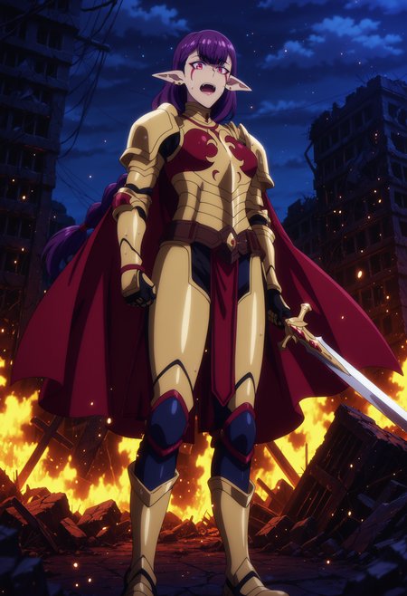 source anime,anime screencap,anime coloring,intricate details,fake screenshot,masterpiece, best quality, very aesthetic, dramatic lighting, illustration,
uncensored,
BREAK,
esil radiru, esil, pointy ears, 1girl, purple hair,jewelry, earrings,facial mark, fangs, bangs, braid,single braid, very long hair, long hair, ear piercing, red eyes, piercing, facial tattoo, elf, medium breasts,facial tattoo,mature female,
armor, cape, pauldrons, shoulder armor, gold armor, gauntlets, boots, 
sweat,
perfect face, beautiful eyes, beautiful face,perfect anatomy,
BREAK,
looking at viewer, holding sword, standing, open mouth, 
BREAK,
solo leveling,
sidelighting, beautiful background,
Detailed Background, scenery, outdoors, night, night sky, fire, ruins, dim lighting, 
<lora:Esil_by_Nyx_for_Illu_v2:0.8>, <lora:saimin_seishidou_by_Nyx_for_Illu:0.7>,<lora:Smooth Booster detail:0.7>, <lora:modern_anime_screencap_v1_0:1>,