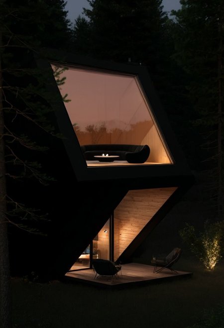 A 60-degree front-inclined square cabin in the forest with a glass wall and a glass window on the lower inclined face, containing an indoor black sofa, indoor plants, a round table, warm incandescent wall lighting, and an outdoor coffee table with a chair on the porch.