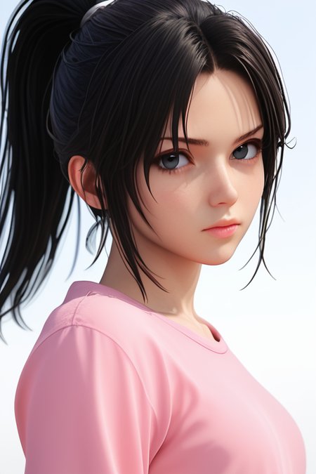 1girl, white background, 3d, <lora:Kak_Ros_UpinIpin:1> kak_ros, black hair, black eyes, ponytail, pink shirt, looking at viewer, (angry:0.3)