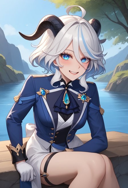 score_9, score_8_up, score_7_up, BREAK MiavtSDXL,  sfrieren 1girl, solo,  short hair, blue eyes, hair between eyes, medium breasts, ponytail,  (white hair), ((black horns)), pointy ears, goat horns, double pigtail, BREAK close up, from below BREAK outdoors, water, valley, smile BREAK highres, furina_\(genshin_impact\), open_mouth, blue_jacket, long_sleeves, simple_background, grabbing, blue_gloves, commentary_request, hair_intakes, looking_at_viewer, blush, solo, blue_bow, white_gloves, upper_body,  head_rest, crossed_legs, heterochromia