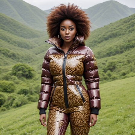 one african women wearing aIkat patterns   latex downsuit puffer_downsuit , hyperdetailed photography,4k textures,intricate details,4k resolution,  <lora:puffer_downsuit_v1:0.5>