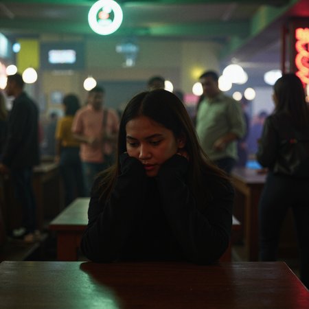 A cinematic and ultra-realistic image of a person sitting alone in a crowded room. The room is filled with people engaged in lively conversation, laughter, and interactions, but the person appears isolated, sitting quietly at a table or on a chair with a contemplative or melancholic expression. The lighting subtly highlights the individual's solitude amidst the surrounding activity, with a shallow depth of field that focuses on the person while the background is slightly blurred, emphasizing their feeling of being alone in a crowded space. The atmosphere conveys a sense of quiet introspection, solitude, and emotional isolation