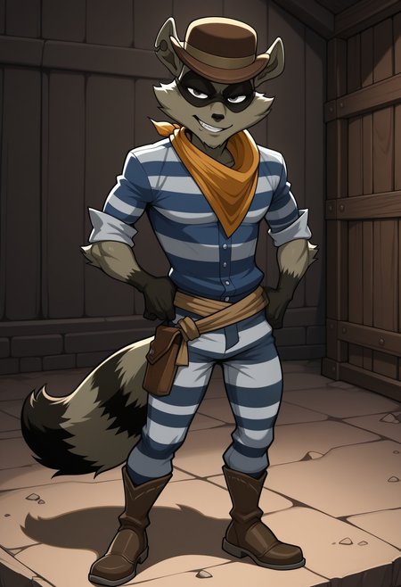 masterpiece,best quality,amazing quality, 1boy, solo, t3nn3ss33, raccoon male, mature furry, grey fur, grey eyes, raccoon tail, eye mask, cowboy hat, scarf, jail shirt, striped pants, jail boots, knot around waist, full body, smirking,