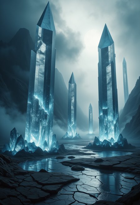 Eerie Crystalline Spires
Towering crystalline spires rise from a barren, mist-shrouded wasteland. Each spire radiates a faint, otherworldly glow, their jagged surfaces glistening like shards of ice. The ground is cracked and lifeless, with pools of dark, reflective liquid scattered throughout. The mist swirls with an unnatural energy, casting shifting shadows that suggest unseen movement. crystalz, ral-ertmsphr, ral-drath, aidmaMJ6.1