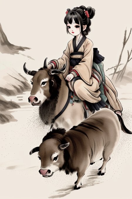 <lora:Moxin_10:0.8>,Chinese traditional painting, ink style, willow, stream, buffalo, children, children riding on the back of a bull,wuchangshuo,wuchangshuo,bonian,zhenbanqiaobadashanren