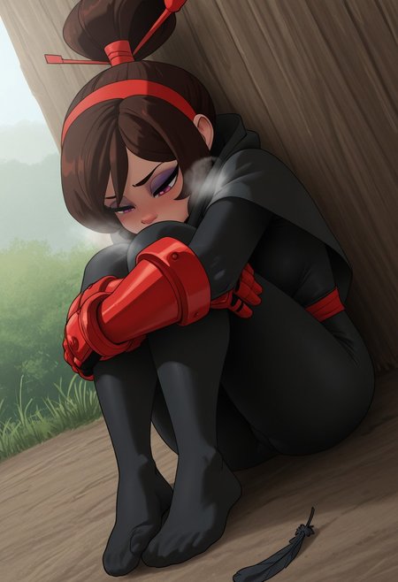 inkercomics,  outdoors, undershirt, falling feathers, black bodysuit, hair stick, hugging own legs, , gauntlets,   eyeshadow,   red gloves,  high ponytail,  , black capelet, red hairband, pink eyes, 1girl, solo, feet, visible breath,   dynamic angle, foreshortening, smell, steam,