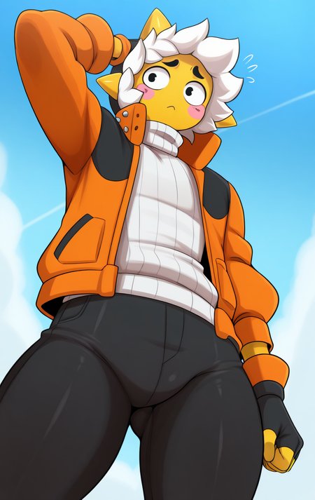 (masterpiece,amazing quality,best quality),<lora:blackwhiplash(bwl)-guy90-Illust-Lycorisv1:1>,blaash,<lora:astroo:0.45>,astroostylev5,<lora:sunspot:1>,sunspotFN,gloves,blush stickers,jacket,yellow skin,1boy,open clothes,black gloves,hood,fingerless gloves,black eyes,sweater,open jacket,turtleneck,black pants,ribbed sweater,turtleneck sweater,white hair,orange jacket,spikes,cowboy shot,solo,blue sky,from below,