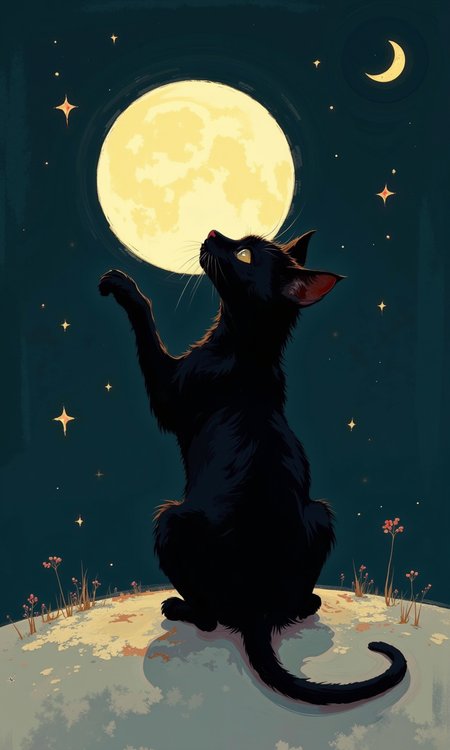 A digital illustration features a black cat sitting on a stylized, slightly textured, light-gray surface that resembles water or ground. The cat is positioned in profile view, its back slightly arched, paw outstretched as if reaching for the moon. 
The moon, positioned prominently above and slightly to the left of the cat, is a large, luminous yellow-white circle. Stars of varying sizes are scattered across the dark night sky, which is a deep indigo or navy blue. A faint crescent moon is visible in the upper right quadrant of the image near the top. 
The cat's silhouette is detailed, but the shading and coloring create depth and dimension. The artistic style suggests a hand-drawn quality, with soft, subtle highlights and textures. The overall impression is evocative of a peaceful and dreamlike night scene.
<lora:FLUX-daubrez-DB4RZ-v2:1> DB4RZ, DB4RZ style painting