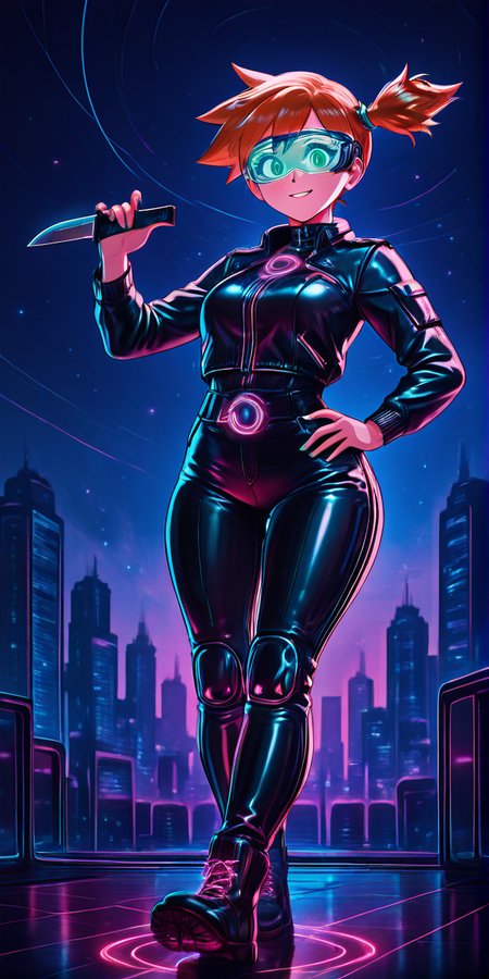 masterpiece, best quality, solo, curvy, beautiful eyes, narrow waist, wide hips, 1girl, solo, smile, looking at viewer, dynamic angle, foreshortening, close up,    zzMisty, green eyes, orange hair, short hair, side ponytail, <lora:MistyCardArt_IXL:0.8>,   D1sc0Pnk, neon,     <lora:DiscoPunk_IXL:1.0>,[Cyber Assassin], tight black leather jacket with glowing red circuitry lines, high-tech combat boots with reinforced soles, tactical pants with multiple hidden pockets, sleek visor with augmented reality display, retractable knife hidden in boot, standing on a rooftop overlooking a futuristic city skyline, poised to strike with a cold, calculating expression,
