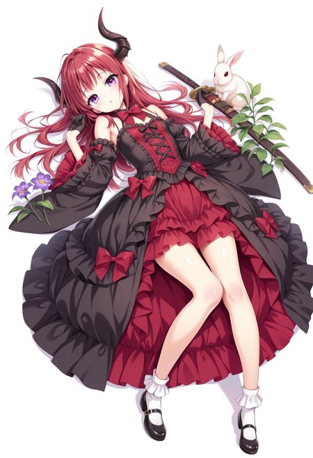 <lora:youta_style_v1b_IL:0.8> youta_style, 1girl, solo, long hair, looking at viewer, bangs, gloves, long sleeves, white background, dress, bow, bare shoulders, purple eyes, full body, weapon, flower, red hair, lying, frills, parted lips, detached sleeves, horns, shoes, black gloves, socks, sword, wide sleeves, bowtie, black footwear, black dress, red bow, animal, red dress, plant, white socks, red bowtie, rabbit, purple flower, half gloves