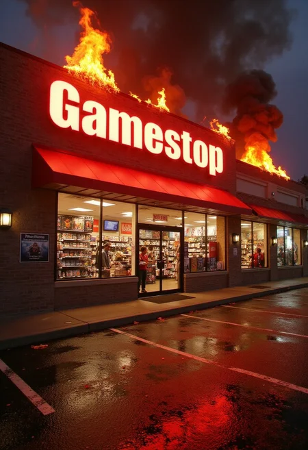 Gamestop, on fire, burning, smoldering, smoke, ashes, death, corpses, skeletons