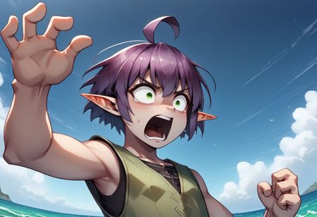 Lapanya, 1 person, solo, pointy ears, ((snout nose)), flat chest, small nostrils, short stature, skinny arms, ((hazel irises)), fair skin, ((dark lilac hair)), short hair, tomboy haircut, small nostrils, 3 fingers 1 thumb ((Sleeveless green vest, fitted black undershirt, black pantaloons, fully clothed))
((Falling through the sky, midair)), falling towards the ocean, wide eyes, afraid expression, open mouth, shouting 
Clouds above, ocean below
clean lines, up close, upper body focus, highly detailed face, high quality, best quality,  score: 9, score: 8 up, rating: safe