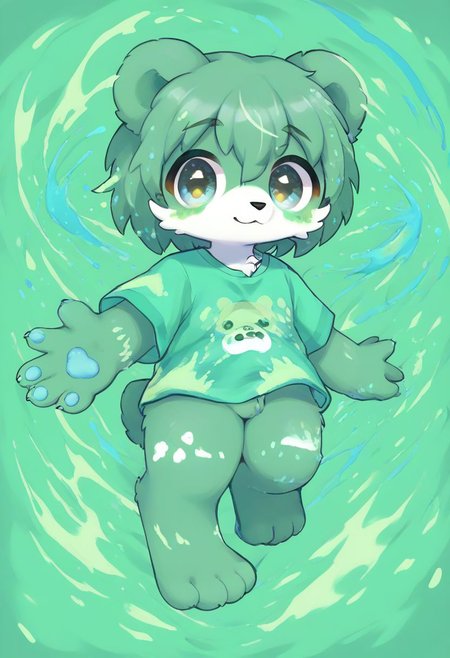 score_9, score_8_up, male, solo, full body, digital art, highly detailed, zPDXL2, zPDXLpg, zPDXL, bear, green shirt, big eyes, large pupil, look at viewer, furry, kemono, cute, anthro, zavy-splsh, paint splash, green paint splash, dreamful background