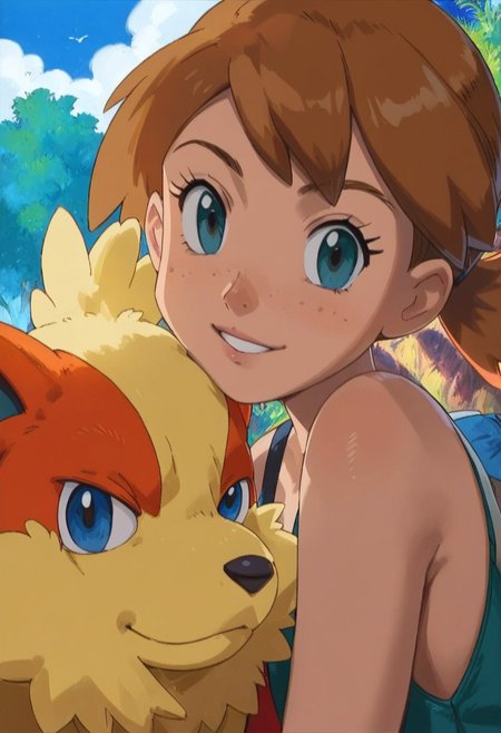 score_9, score_8_up, score_8, PokémonStyle, may and misty from pokemon : 1,0, side by side, outside, tuching each other, sexy, hourglass body, looking at viewer, eye contact, perfect quality,