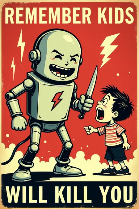 Generate an image in the style of a vintage 1950s public service announcement or propaganda poster. The image should be a warning sign with a dark humor theme. Depict a menacing, personified electricity bolt character holding a knife and pointed at a terrified cartoon child. Include the text "REMEMBER KIDS" and "ELECTRICITY WILL KILL YOU".  Use a bold, vintage font, a red, white, and black color scheme, lightning bolt symbols and a grainy texture. Keywords: vintage cartoon, propaganda poster, 1950s, public service announcement, warning, electricity, danger, funny, dark humor, retro  <lora:REMEs_War_Poster_Style:0.9> In REME's War Poster Style,âââ