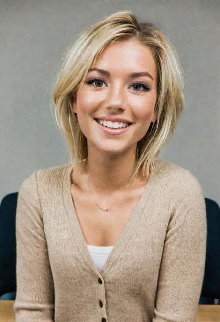 full body photo of beautiful blonde 18yo Sophie Malin Lund from Sweden, standing up, (blue eyes), smiling, beautiful face, cleavage, pink cardigan, short sliced bob, glossy lips, mascara, eyeliner, OverallDetail, busy crowded classroom