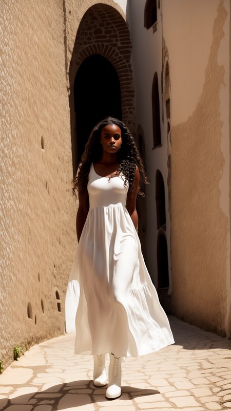 (close up face:1.2) photography of a (Brazilian:1.0) woman, slim, long wavy hair. tanned legs, (dark skin:0.03), large breasts, black hair
 wearing novice dress, white boots,  
in a city. old buildings.  uneven pavement, medieval era. <lora:Novice_dress_e2:1>