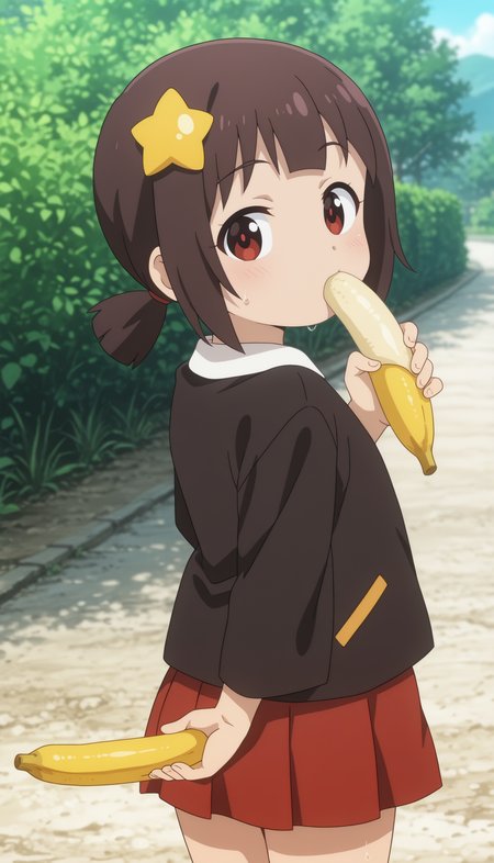 1girl, girl, komekko, shorty, child girl, holds a banana in hand, look at viewer, embarassed, sweat, looks back,  cowboy shot, outdoors,   <lora:Megumin_komekko_yuiyui_yunyun_kazuma-PDXL_illustrious_v5:1>