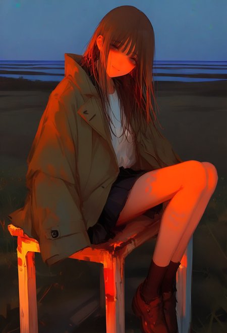 1girl, solo, skirt, long hair, sitting, looking at viewer, socks, outdoors, shoes, jacket, shirt, coat, white shirt, brown hair, long sleeves, closed mouth, black skirt, smile <lora:748cmXL_NBVP1_lokr_V6311PZ:0.95>