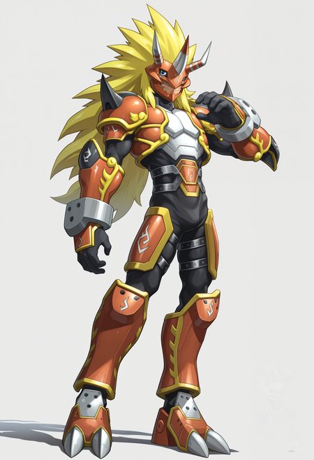 masterpiece,best quality,amazing quality, 1boy, solo, 4gun1, digimon (creature), armor, armored boots, gloves, mask, tan skin, full body, pose,