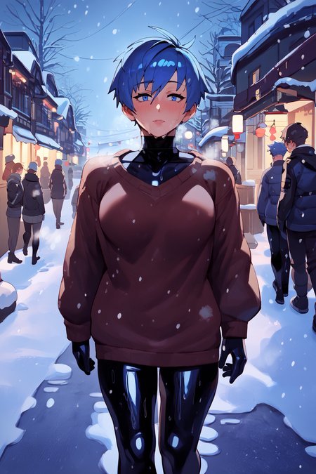 sweater  <lora:latex_under_clothes:1> latex under clothes, latex body suit, sweaty, steamy body, short tomboy hair, big boobs, <lora:RD-MAnon-XLV1.1:1> walking donw town, in winter, snowing, breath fog, blue hair and eyes, walking away from viewer, public space, charismas, source_anime, score_9_up,  score_7_up, score_8_up
