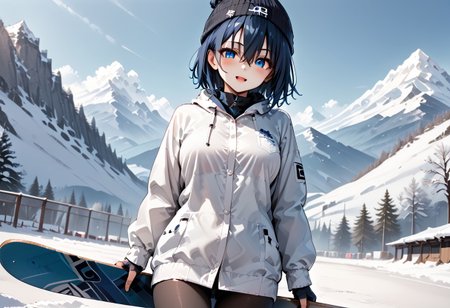 score_9, score_8_up, score_7_up, score_6_up, score_9, score_8_up, kaede (1girl, blue eyes, dark blue hair, blush, big tits, hair between eyes, short hair).
(smirk:0.9), (open mouth:0.9), cute, 
beanie, gloves, snowboarding, leaning back, 
(snowboard:1.1), slope, at snowy mountain, day, 
sharp focus, looking at viewer, from below, motion blur, depth of field, (intricate:1.1), (white tone:1.1), (pale blue tone:0.9), (white atmosphere:1.1), 
llustration, (anime coloring:1.1), high contrast, 
(masterpiece:1.2), (best quality:1.2), (very aesthetic:1.2), (absurdres:1.2), (detailed background), newest, ai-generated, (intricate details:1.2).