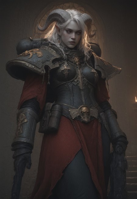 masterpiece, score_9, score_8_up, score_7_up, score_6_up, world of warcraft,

alone, female, draenei, h0rns, ram horns, white horns, athletic arms, pale white skin, long white hair, purple eyes, four fingers, long white tail, stern face, 

walking, battlesisterarmor,body armor, pelvic curtain, shoulder pads, gauntlet, a bltgun bolter weapon, bolter, holding gun, 

indoor, temple, window, daytime