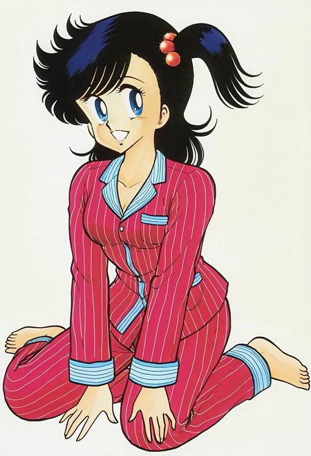 best hands, 5 fingers <lora:tooyama-h_IL1.5:1>retro artstyle, 1980s \(style\), seductive pose, full body, white background,
tooyama-h, toyama_hikaru_style, izumi, 1girl, solo, smile, open mouth, blue eyes, black hair, side ponytail, one side up, hair bobbles, medium breasts,
pajamas