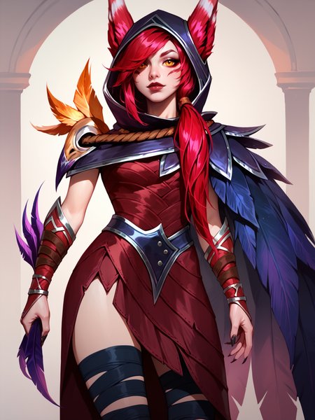 score_9, score_8_up, score_7_up, XayahNormal, 1girl, solo, red animal ears, facial marks, yellow eyes,  red long hair, vambraces, feather cloak, red leather dress, hood, bandages on legs, bird legs <lora:XayahNormal:1>