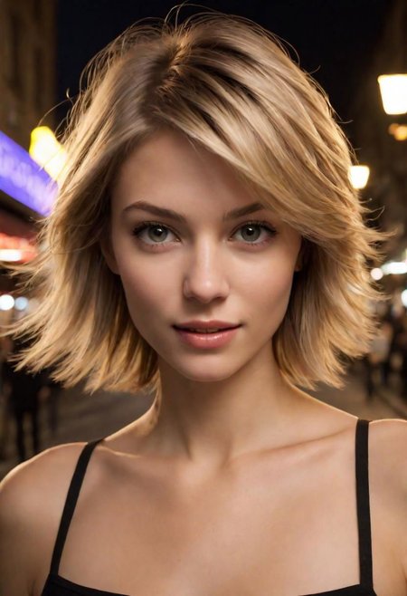Create a photo taken with the front camera of an iPhone 15. An ultra-realistic and detailed photo of a beautiful woman, with short dark blonde hair, captured in motion on a street in nigth club, With motion blur, it is captured in natural daylight.