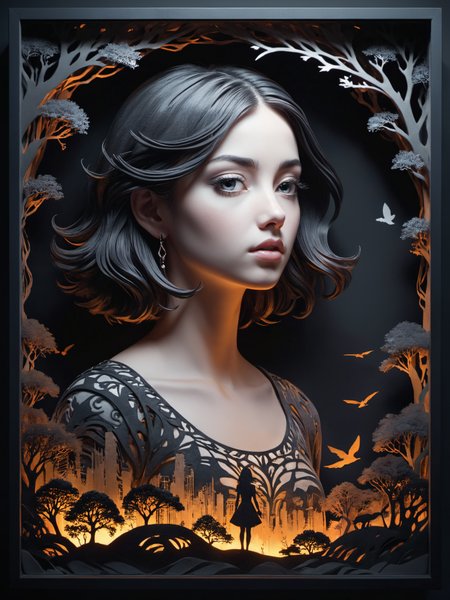 3D papercut shadow box of create an award-winning photograph of a young woman exploring an original and unconventional theme that captivates and amazes the viewer. Push boundaries of traditional concepts,infusing the image with creativity and wonder,leaving a lasting impression on those who behold it.,absurdres,intricately detailed,32K,, glow effects, godrays, Hand drawn, render, 8k, octane render, cinema 4d, blender, dark, atmospheric 4k ultra detailed, cinematic, Sharp focus, big depth of field, Masterpiece, colors, 3d octane render, 4k, concept art, trending on artstation, hyperrealistic, Vivid colors, extremely detailed CG unity 8k wallpaper, trending on CGSociety, Intricate, High Detail, dramatic . Layered, dimensional, depth, silhouette, shadow, papercut, handmade, high contrast