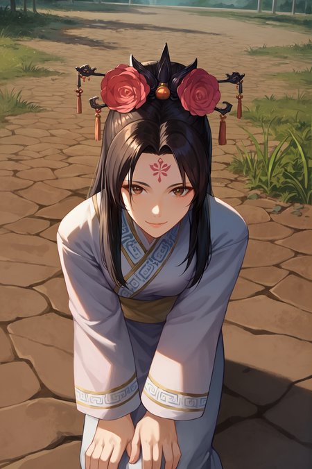 score_9, score_8_up, score_7_up, BREAK A woman sitting cross-legged on the floor, leaning forward slightly, smile, her hands resting on her knees.,<lora:Yu_Meiren_Dynasty_Warriors:0.8> 1girl, solo, black hair, long hair, hair ornament, hair flower, brown eyes, forehead mark, chinese clothes, long sleeves, outdoors, looking at viewer
