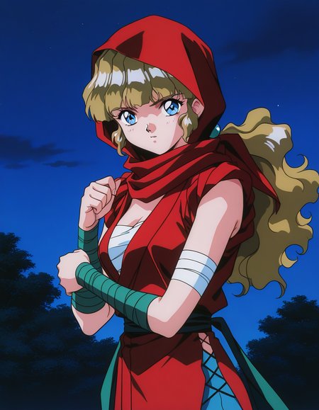 general,highres, ultra-detailed,very aesthetic,best quality ,best hands,  BREAK <lora:Kai_Fubuki_IS:1>Kai_Fubuki, 1girl,solo,long hair, blonde hair, blue eyes, wavy hair, ponytail, bangs, medium breasts, 1990s (style), anime coloring, 
ninja, sky, night, upper body,  red mask, outdoors, looking at viewer, hood, bandages,