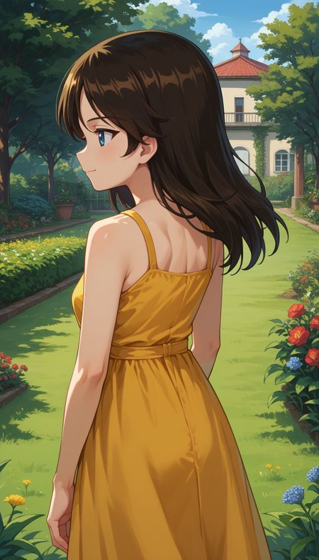 score_9, score_8_up, score_7_up, source_anime, ,
 <lora:GUPNonna:0.7> gupnonna, nonna (girls und panzer), long hair, blue eyes, swept bangs, black hair, from behind, yellow sundress, garden, day, sunshine, smile, looking back, grass field