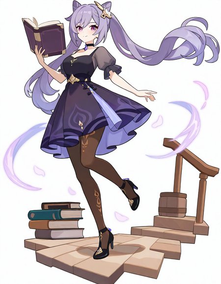 1girl, keqing \(genshin impact\), 
worldflipper, solo, looking at viewer, simple background, holding book, standing on one leg, blush, twintails, cone hair bun, shoes, black footwear, white background, long hair, black choker, hair bun, holding, purple eyes, short sleeves, choker, full body, purple hair, very long hair, black dress, smile, breasts, high heels, pantyhose, dress, puffy short sleeves, book, medium breasts, closed mouth, standing, puffy sleeves, long sleeves, brown pantyhose,
masterpiece, best quality, very aesthetic, newest, absurdres, incredibly absurdres
 <lora:worldflipper-000016:1>