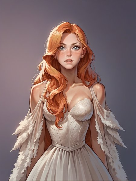 score_9, score_8_up, score_7_up, score_6_up, score_5_up, score_4_up, woman,  <lora:s4ltXLP2:0.6> s4lt, white gown, long hair, purple background, ginger hair,
