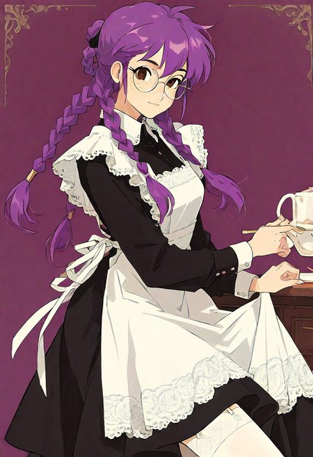 score_9,score_8_up,score_7_up, , solo, ri_kouran, 1girl, braid, glasses, purple hair, long hair, twin braids, freckles, round eyewear, brown eyes, black dress, white lace apron, white stockings