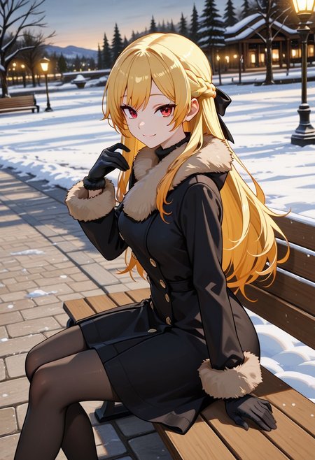 1girl, solo, anime coloring, anime artwork, unholy-aesthetic, masterpiece, best quality, newest, absurdres, highres, safe, CG, cinematic lighting, natural shadow, highest detail, detailed background, intricate scenery, depth of field, insane details, intricate, subsurface scattering, very aesthetic, serene atmosphere, artistic rendering, dramatic contrast, luminous elements, soft painterly texture, striking visual design, finely detailed face, beautiful face, dutch angle, cinematic angle, from side, 
looking at viewer, kind smile,
sitting, sitting on bench,
park, tree, lamp post, snow, cobblestone,
<lora:kaelaIL:0.45> kaelaIL, long hair, french braid, blonde hair, red eyes, tsurime,
<lora:VintageFurTrimCoatILL:0.8> fur trim, fur-trimmed coat, coat, pantyhose, gloves, fur-trimmed gloves, (black gloves:1.5)