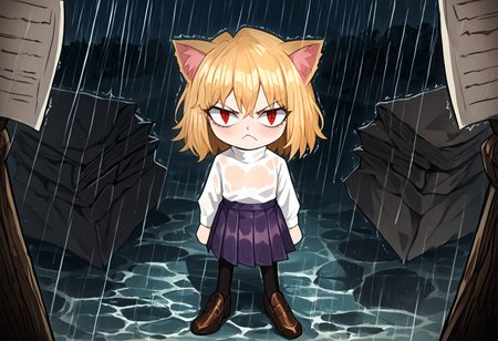 score_9, score_7_up, score_6_up, source_anime, uncensored, zPDXLxxx, vector trace, flat color, cel shading, <lora:ProjectMoon_Style_v1.0:1.1> paper child, rain, see-through shirt,
 <lora:necoarc-guy-PONYv1_1:1> necoarc, blonde hair, red eyes, slit pupils, cat ears, :3, chibi, turtleneck, white shirt, blue skirt, pleated skirt, pantyhose, brown footwear, turtleneck, white shirt, purple skirt, pantyhose, glaring,