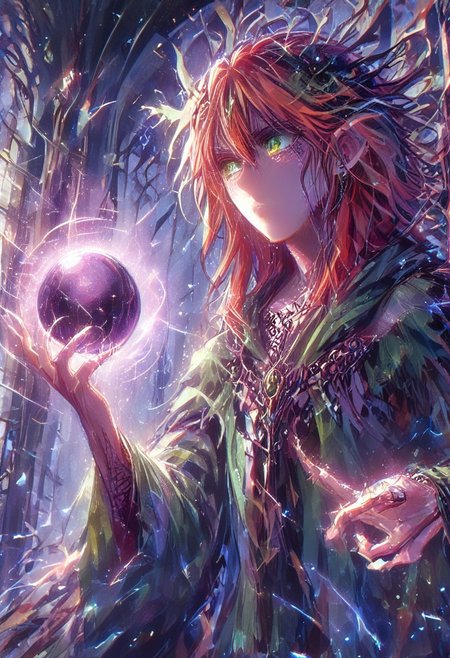 quality, intricate details, Mystical light. Fog. The feminine mage's appearance: evil and mystical, with spiky robes that seem made of green cloth with golden stitches. hud_cryst4l_b4ll, glowing, crystal ball, orb, upper body, table, long ginger hair, a ball in one hand and mysterious goat skull in another hand, Rubies, symbolizing their magical power.   Bioluminescent green eyes Glow. a dark evil gaze that hints at their ancient knowledge and mystical prowess. alchemical laboratory, blending the natural with the magical, Soft natural lighting, High Definition HD, High Detail, Perfect Composition, gothic horror film photography style, light grain,cry5t415ku11, orbstaff