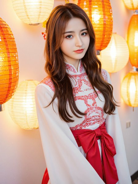 This is a high-resolution photograph featuring a young Asian woman with long, wavy brown hair, styled in loose waves. She has a fair complexion and a delicate, symmetrical face with a slight smile. She is dressed in a traditional Chinese hanfu, primarily white with intricate red patterns woven into the fabric. The hanfu features flowing sleeves and a high, structured collar, with a wide red sash tied elegantly around her waist, highlighting her slender figure.

She stands against a softly lit, white background adorned with large, hanging paper lanterns in warm shades of orange and yellow, which cast a gentle, ambient glow across the scene. The composition follows the rule of thirds, placing her slightly off-center to the right. The lighting is soft and diffused, illuminating her figure and the subtle textures of the garment. The overall atmosphere is serene, refined, and evocative of classical beauty in a modern setting.

