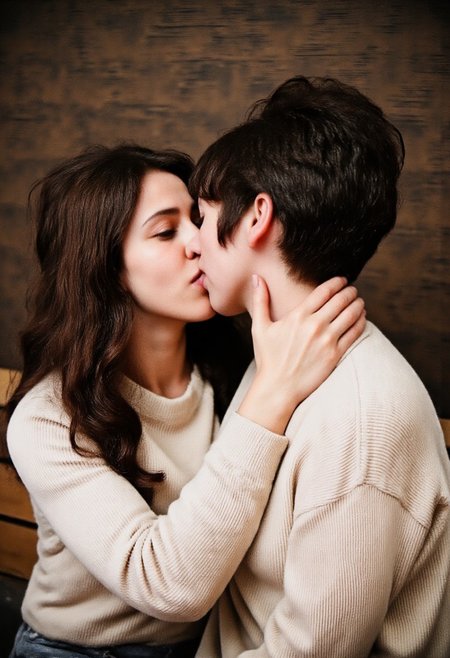 Color photo shoot from a close-up camera angle about two women in an intimate moment, kissing each other passionately against a textured wooden wall. the image also shows two asian women, one with long, wavy dark hair and the other with short, black hair, both wearing light-colored sweaters. on the left side of the image, a woman with brown hair appears to be  kissing  the other woman, who is positioned to the left of the frame, facing the viewer and her eyes closed. the woman on the right side is sitting on a wooden bench, wearing a light sweater and has her hand on the other's neck. the background is a dark wooden wall with a subtle texture, and the overall mood is intimate and romantic.,full body,<lora:_Flux\Anders_Petersen.safetensors:1.0:1.0>